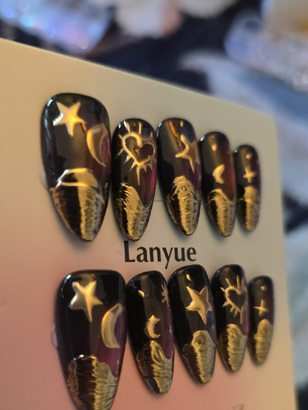 Black & Gold Celestial Press-On Nail Set Large - Picture 4 of 4